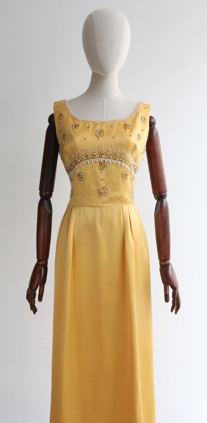 "Pearls & Satin" Vintage 1960's Yellow Satin Evening Dress UK 10 US 6