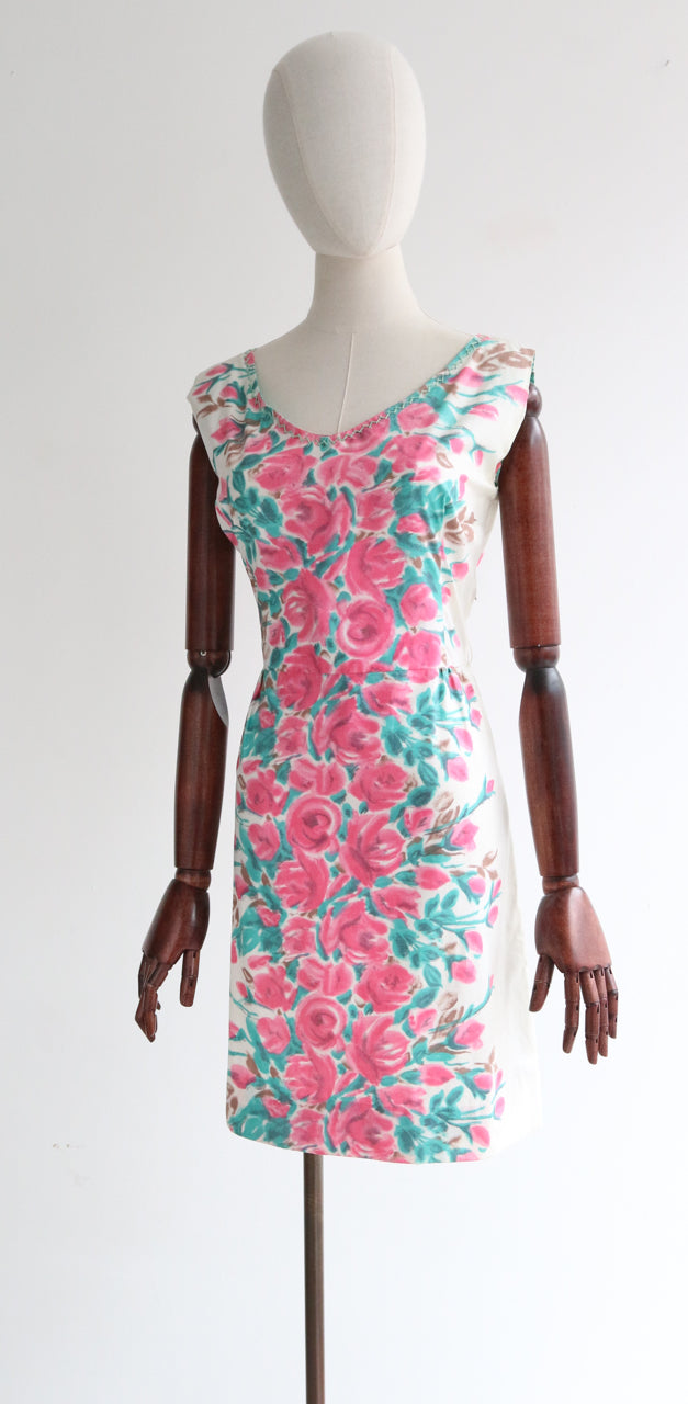 "Rose Garden" Vintage 1960's Rose Print Shift Dress UK 12 US 8