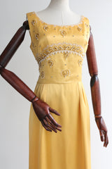 "Pearls & Satin" Vintage 1960's Yellow Satin Evening Dress UK 10 US 6