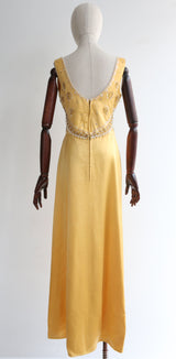 "Pearls & Satin" Vintage 1960's Yellow Satin Evening Dress UK 10 US 6