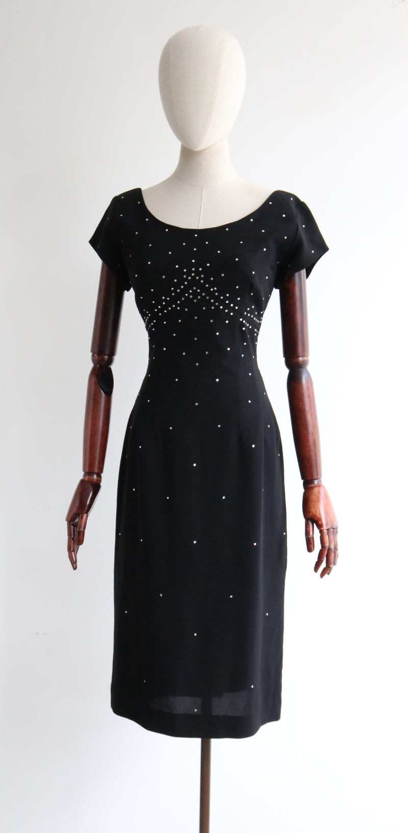 "Rhinestone Sky" Vintage 1950's Black Rhinestone Embellished Dress UK 10 US 6