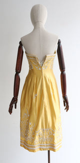 "Embroidered Bells" Vintage 1950's Satin Embroidered Strapless Dress UK 6-8 US 2-4