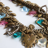 "Sweetheart Charms" Vintage 1940's Brass & Rhinestone Charm Necklace