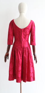 "Raspberry Satin Brocade" Vintage 1950's Raspberry Satin Brocade Dress UK 10 US 6