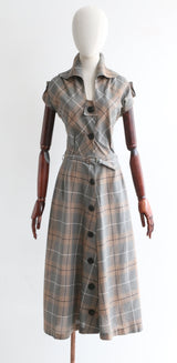 "Taupe Plaid" Vintage 1940's Taupe Plaid Dress UK 12 US 8