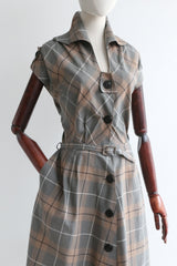 "Taupe Plaid" Vintage 1940's Taupe Plaid Dress UK 12 US 8