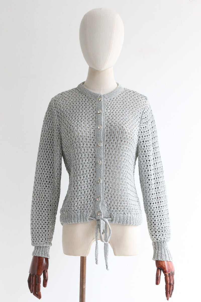 "Lurex Knitwear" Vintage 1960's Silver Lurex & Rhinestone Cardigan UK 10-12 US 6-8