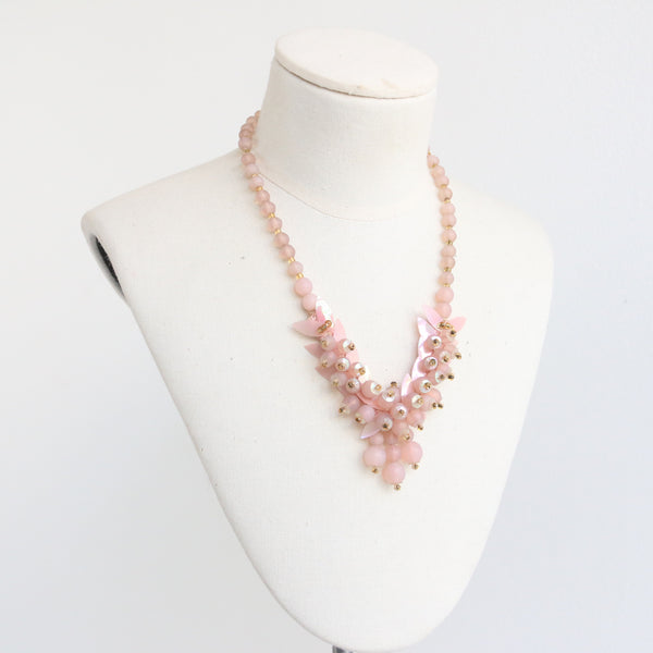 "Pink Floral Clusters" Vintage 1950's Soft PinK & Gold Glass Bead & Sequin Necklace
