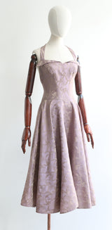 "Lilac Ribbons" Vintage 1950's Silk Brocade Halter Neck Dress UK 10 US 6