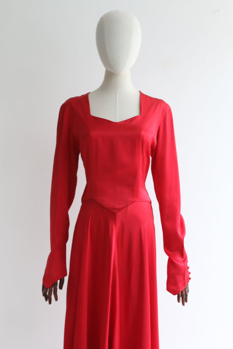"Crimson Satin" Vintage Early 1940's Red Satin Evening Dress UK 10-12 US 6-8