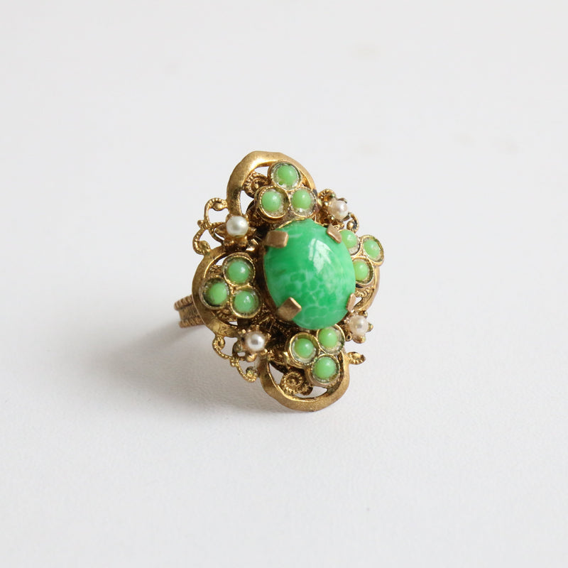 "Cabochons & Filigrée" Vintage 1930's Brass Green Cabochons & Pearl Cocktail Ring