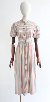 "Pinstriped Seersucker" Vintage 1930's Cotton Day Dress UK 10 US 6