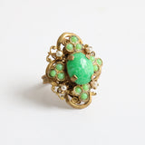 "Cabochons & Filigrée" Vintage 1930's Brass Green Cabochons & Pearl Cocktail Ring