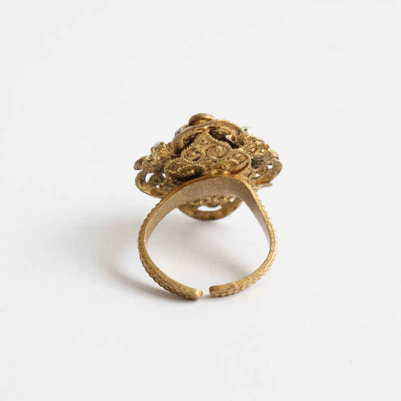 "Cabochons & Filigrée" Vintage 1930's Brass Green Cabochons & Pearl Cocktail Ring