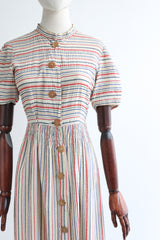 "Pinstriped Seersucker" Vintage 1930's Cotton Day Dress UK 10 US 6