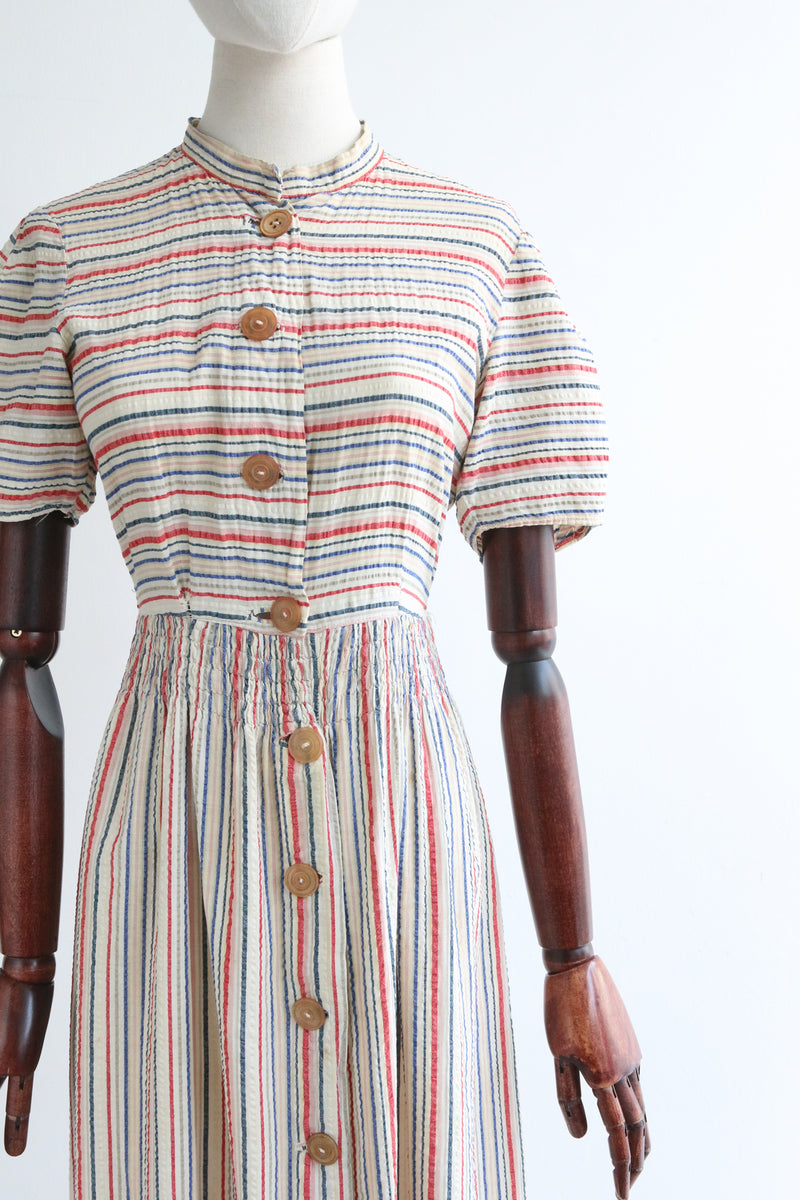 "Pinstriped Seersucker" Vintage 1930's Cotton Day Dress UK 10 US 6