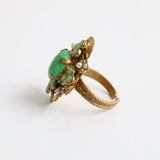 "Cabochons & Filigrée" Vintage 1930's Brass Green Cabochons & Pearl Cocktail Ring
