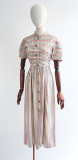 "Pinstriped Seersucker" Vintage 1930's Cotton Day Dress UK 10 US 6