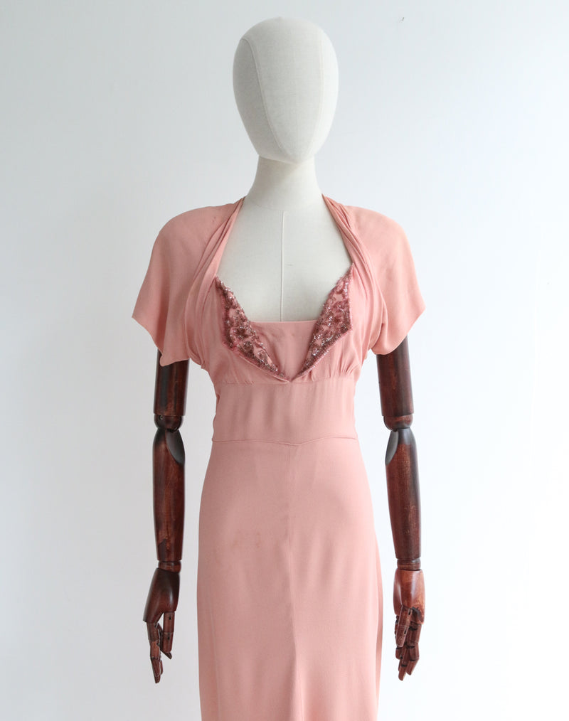 "Crepe Silk & Sequins" Vintage 1940's Pink Crepe Silk & Sequin Evening Dress UK 10-12 US 6-8