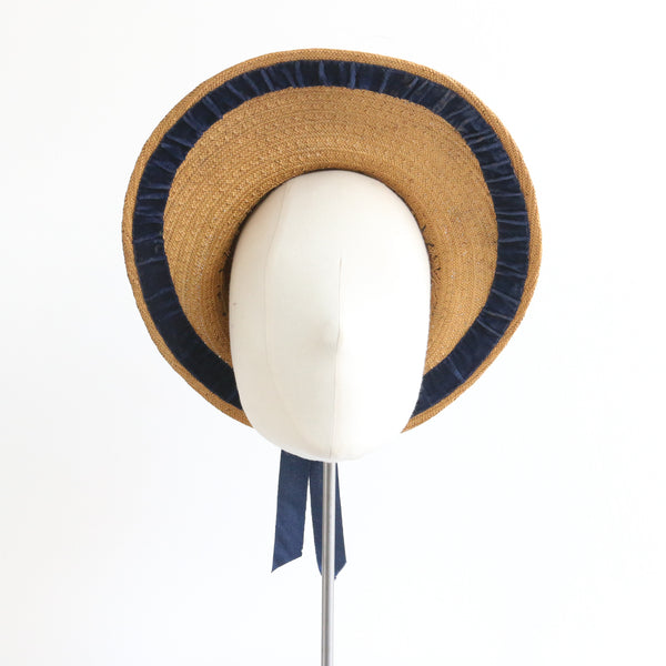 "Straw & Velvet" Vintage 1930's French Straw & Velvet Sun Hat