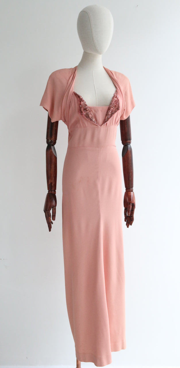 "Crepe Silk & Sequins" Vintage 1940's Pink Crepe Silk & Sequin Evening Dress UK 10-12 US 6-8
