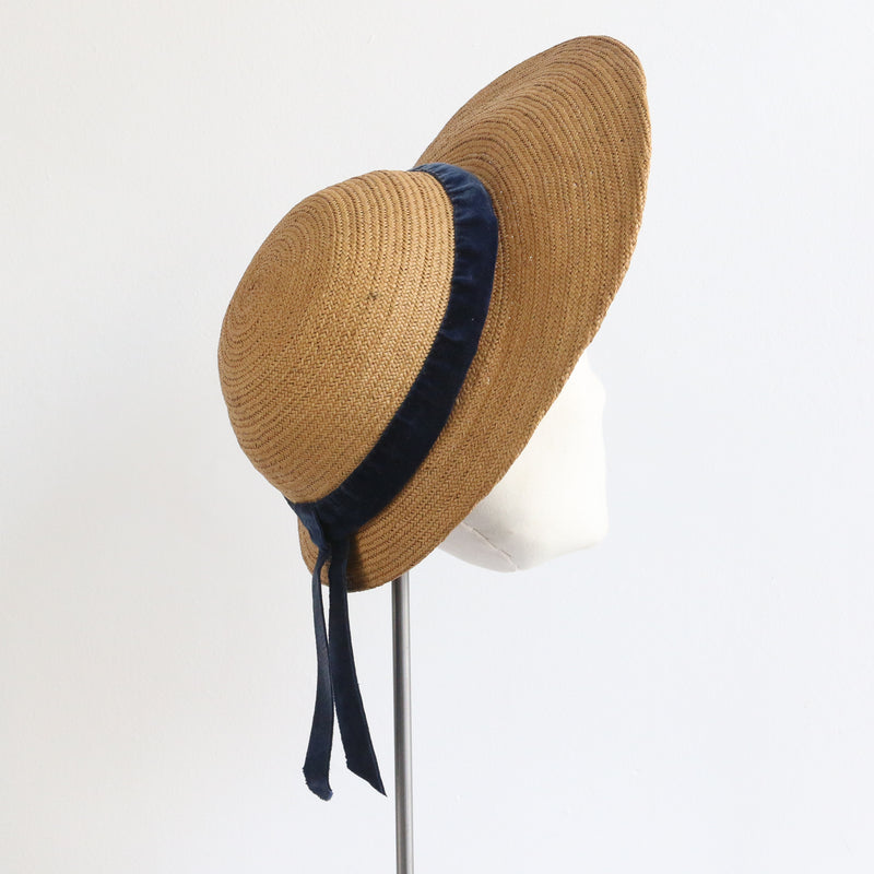 "Straw & Velvet" Vintage 1930's French Straw & Velvet Sun Hat