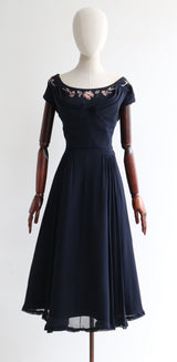 "Blush Velvet Soutache & Chiffon" Vintage 1940's Navy Blue Silk Floral Embroidered Dress UK 12 US 8