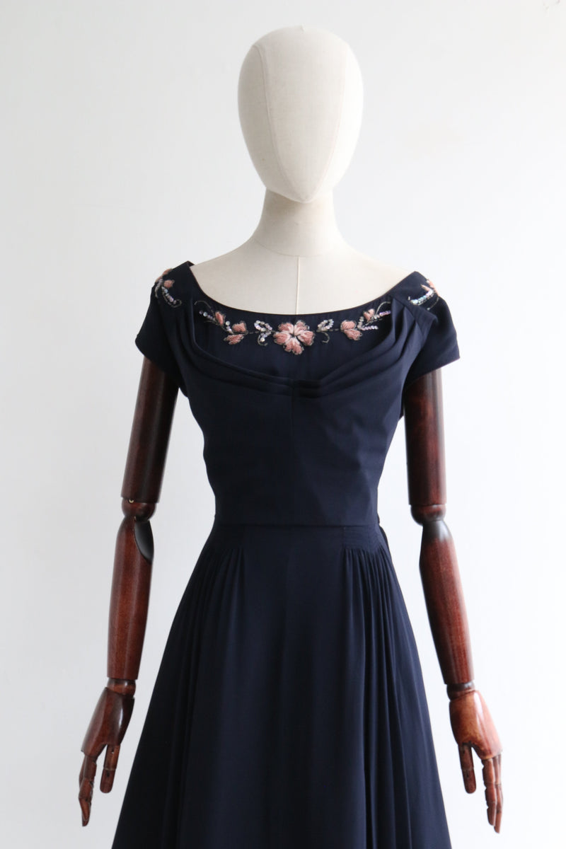 "Blush Velvet Soutache & Chiffon" Vintage 1940's Navy Blue Silk Floral Embroidered Dress UK 12 US 8