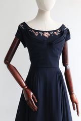 "Blush Velvet Soutache & Chiffon" Vintage 1940's Navy Blue Silk Floral Embroidered Dress UK 12 US 8