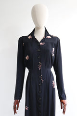 "Blush & Navy Hand Fans" Vintage 1940's Navy Blue Silk & Pink Hand Fan Dress UK 12-14 US 8-10