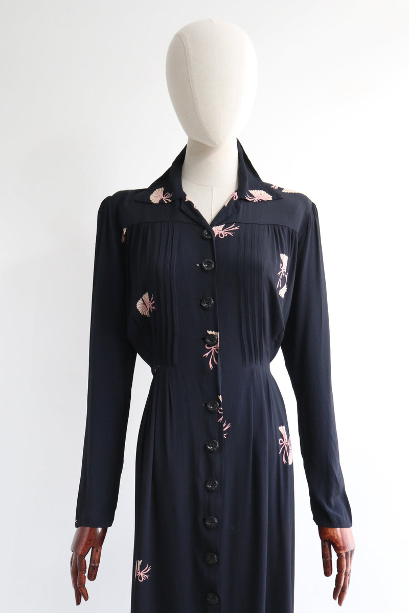 "Blush & Navy Hand Fans" Vintage 1940's Navy Blue Silk & Pink Hand Fan Dress UK 12-14 US 8-10