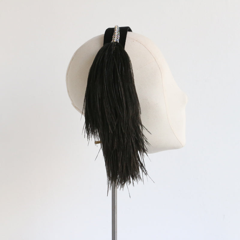 "Rhinestone & Plumage" Vintage 1960's Black Velvet & Plumage Headband