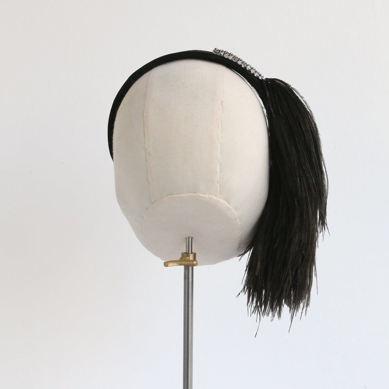 "Rhinestone & Plumage" Vintage 1960's Black Velvet & Plumage Headband