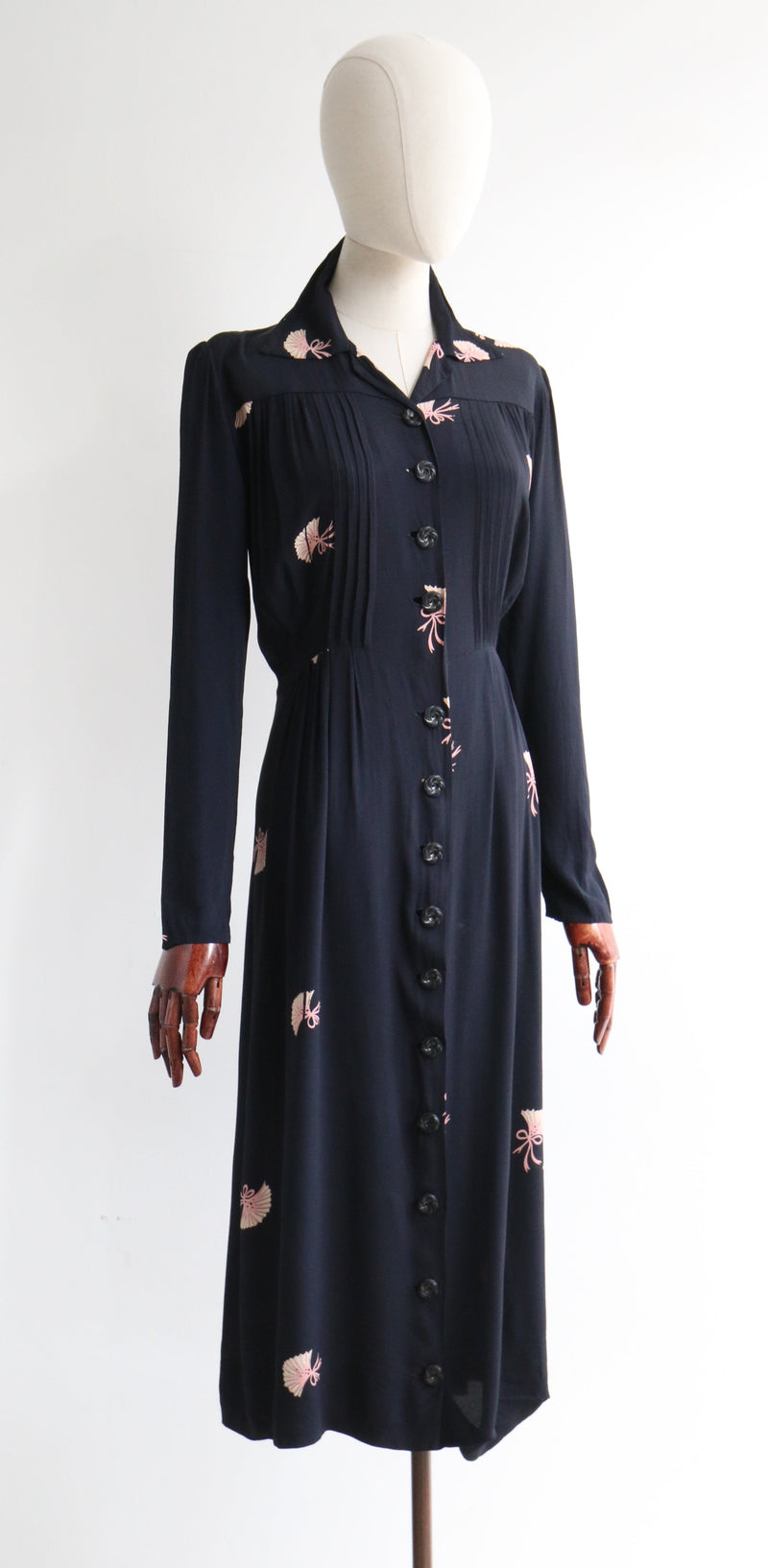 "Blush & Navy Hand Fans" Vintage 1940's Navy Blue Silk & Pink Hand Fan Dress UK 12-14 US 8-10