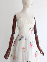 "Painted Flowers" Vintage 1950's Hand Painted Floral Dress UK 6-8 US 2-4