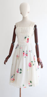 "Painted Flowers" Vintage 1950's Hand Painted Floral Dress UK 6-8 US 2-4