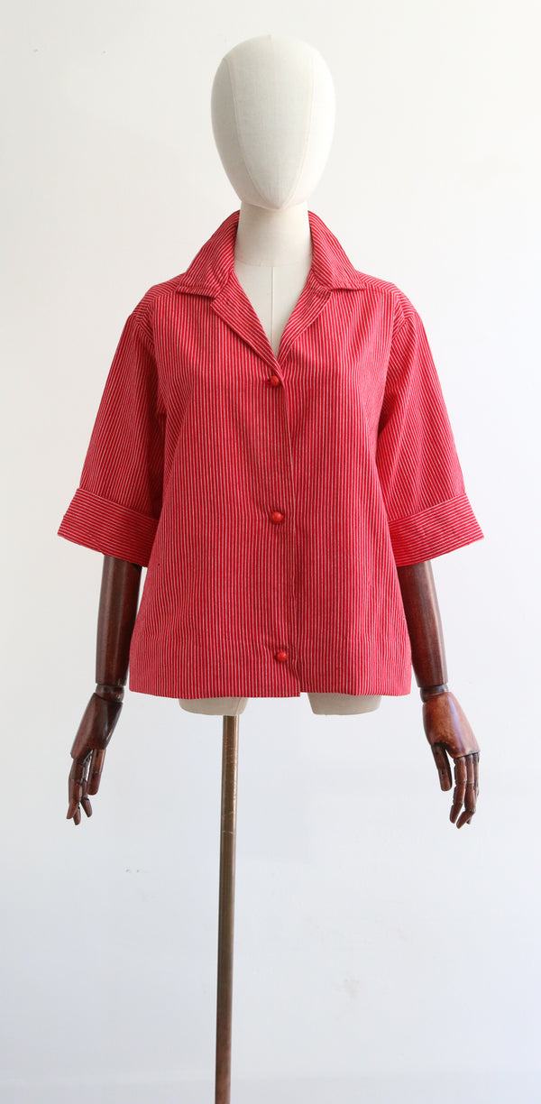 "Red Pinstripes" Vintage 1950's Red Pinstripe Trapeze Cut Shirt UK 12-14 US 8-10