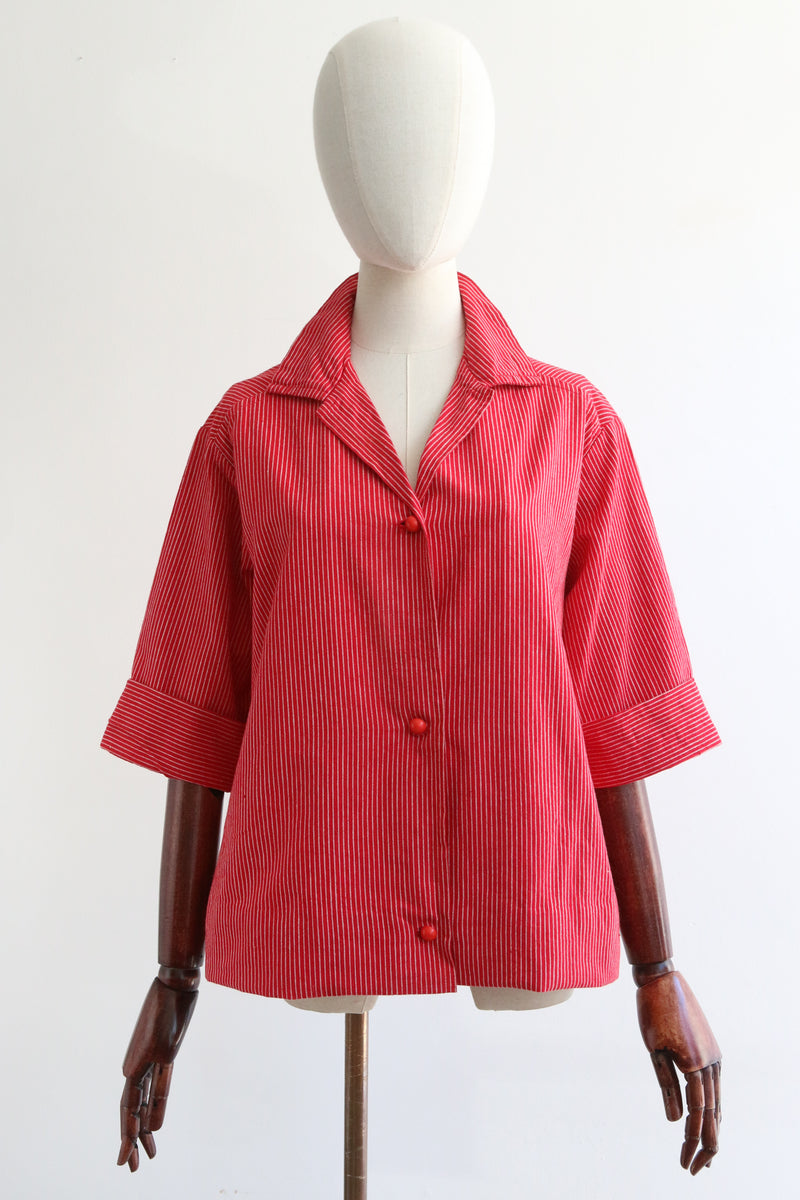 "Red Pinstripes" Vintage 1950's Red Pinstripe Trapeze Cut Shirt UK 12-14 US 8-10