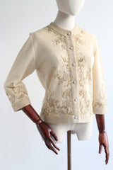 "Trailing Gold Embroidery" Vintage 1960's Cream & Gold Embroidered Wool Cardigan UK 12 US 8