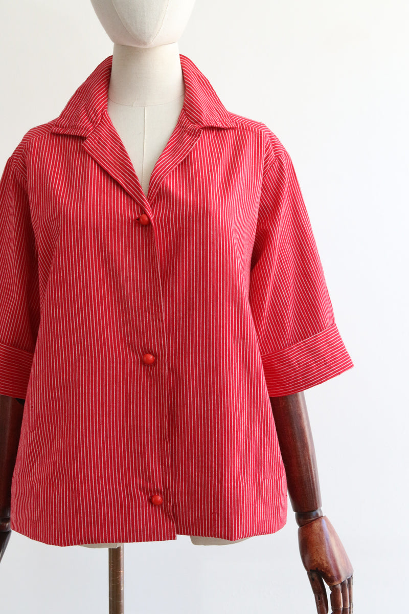 "Red Pinstripes" Vintage 1950's Red Pinstripe Trapeze Cut Shirt UK 12-14 US 8-10