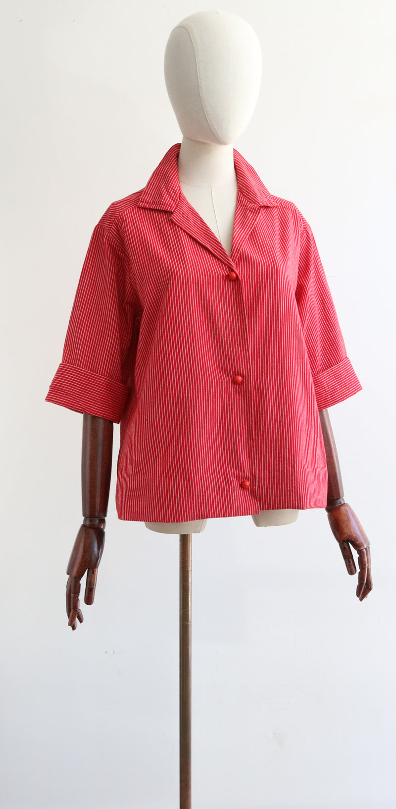 "Red Pinstripes" Vintage 1950's Red Pinstripe Trapeze Cut Shirt UK 12-14 US 8-10