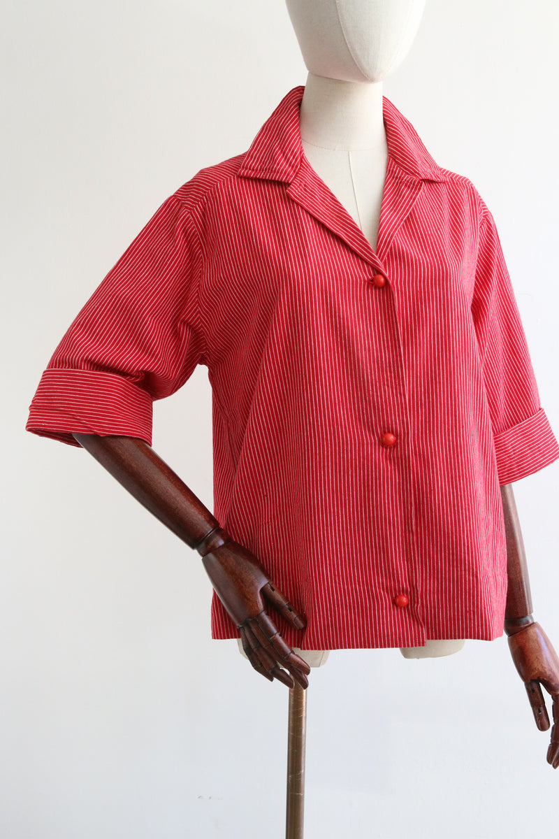 "Red Pinstripes" Vintage 1950's Red Pinstripe Trapeze Cut Shirt UK 12-14 US 8-10