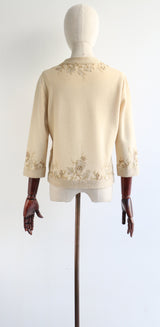 "Trailing Gold Embroidery" Vintage 1960's Cream & Gold Embroidered Wool Cardigan UK 12 US 8