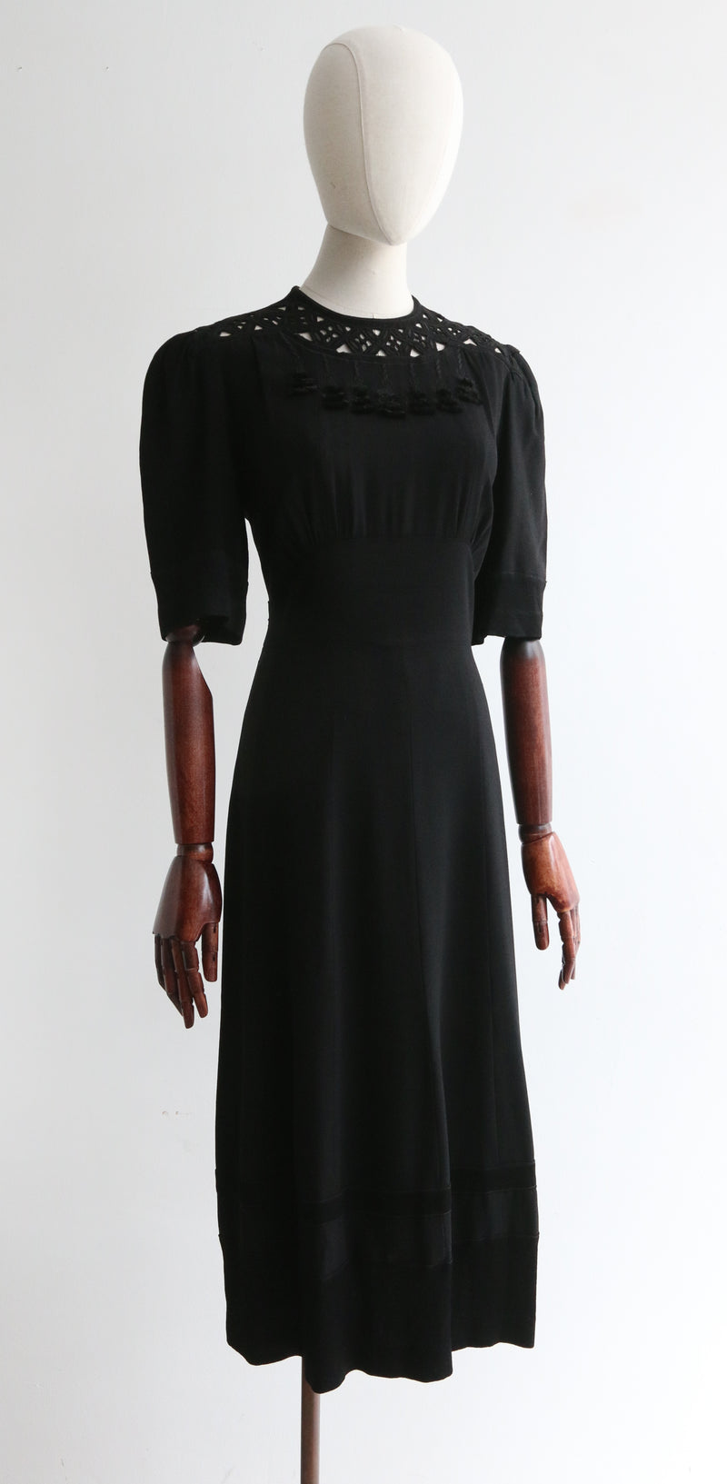 "Border of Tassels" Vintage 1940's Black Crepe Silk Dress UK 12 US 8