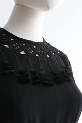 "Border of Tassels" Vintage 1940's Black Crepe Silk Dress UK 12 US 8