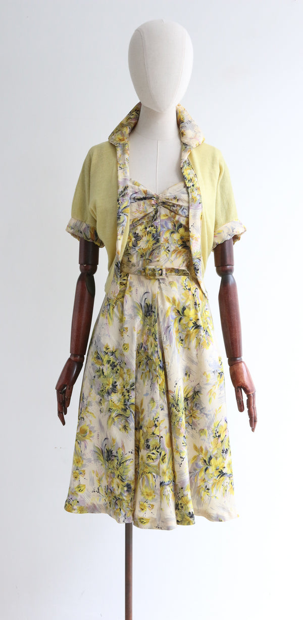 "Silk Floral Sweetheart" Vintage 1950's Silk Floral Dress & Matching Cardigan UK 6 US 2