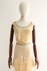 "Sesame Silk Chiffon & Rhinestones" Vintage 1920's Cream Silk Chiffon & Rhinestone Dress UK 8 US 4