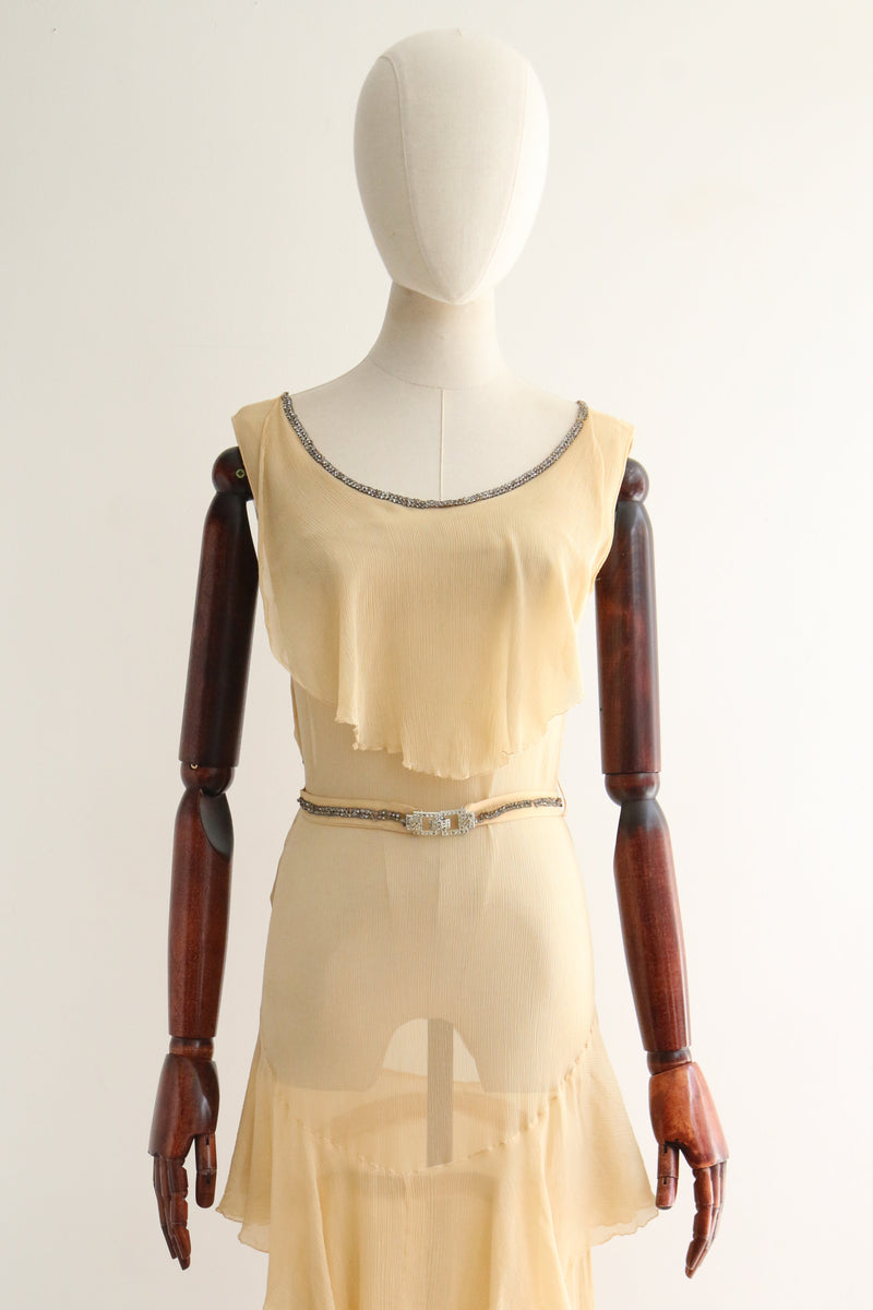 "Sesame Silk Chiffon & Rhinestones" Vintage 1920's Cream Silk Chiffon & Rhinestone Dress UK 8 US 4