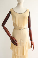 "Sesame Silk Chiffon & Rhinestones" Vintage 1920's Cream Silk Chiffon & Rhinestone Dress UK 8 US 4