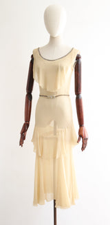 "Sesame Silk Chiffon & Rhinestones" Vintage 1920's Cream Silk Chiffon & Rhinestone Dress UK 8 US 4